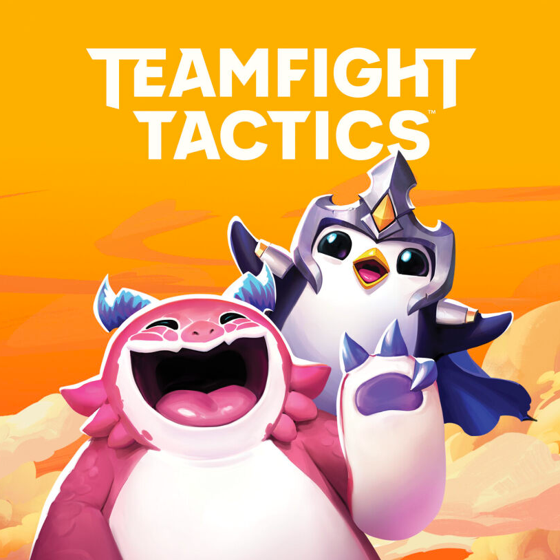 Taktiker von Teamfight Tactics feiern auf einem leuchtend gelben Hintergrund.